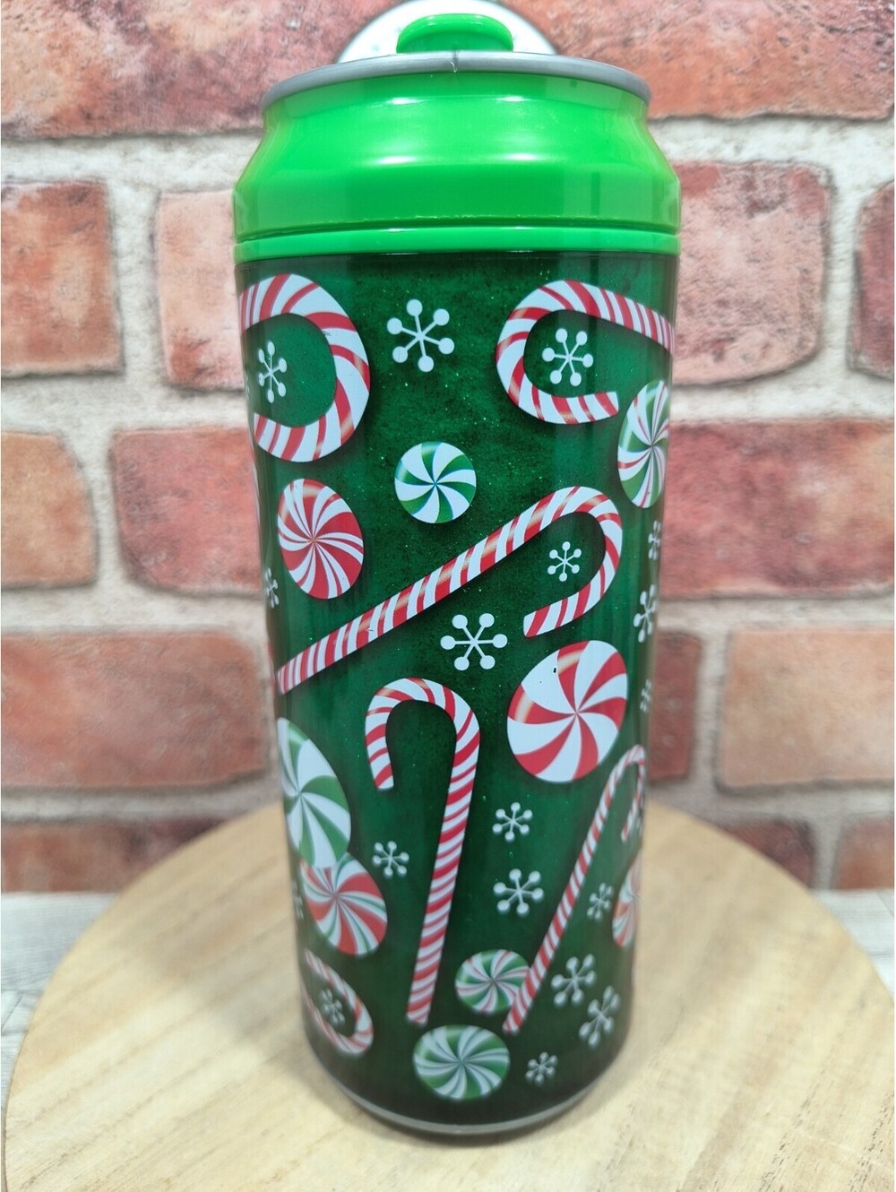 Cool Gear Can Tumbler Candy Cane Craze Green Glitte 16 oz. Insulated Cooler NWOT